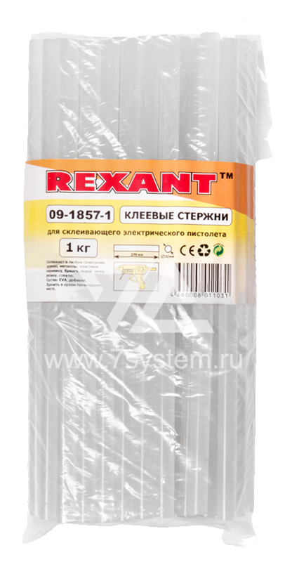 Термоклей большой, d=11.2 мм, L=270 мм Rexant, прозрачный, t-85°C, вязкость 18.00 Pa.s, 1 кг