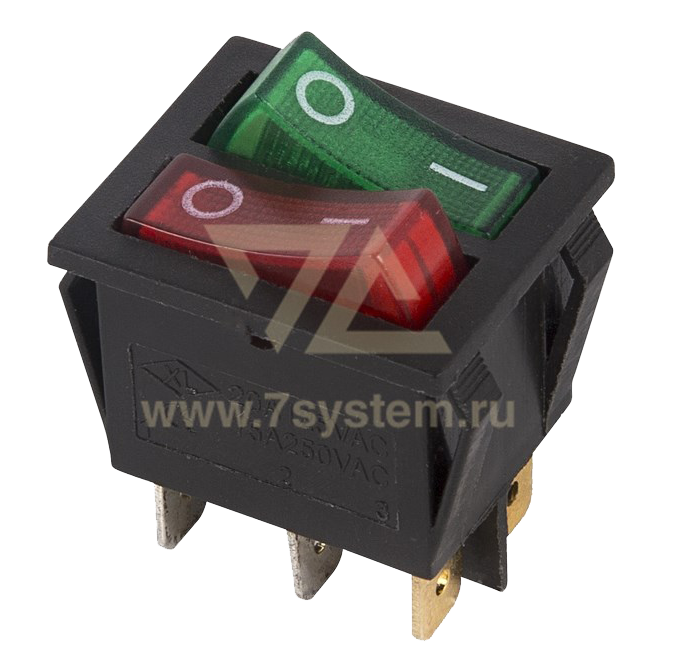 Выключатель клавишный красный/зеленый с подсветкой двойной 250V 15A (6c) On-Off (RWB-511)