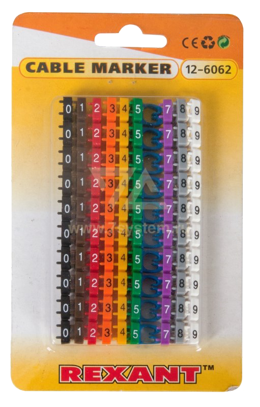 Маркер кабельный, 4-6 мм, цифры 0-9 (по 10 шт), 10 цветов/упак