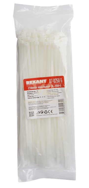 Хомут 250 мм x 4.8 мм Rexant, белый, 100 шт