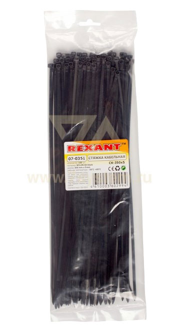 Хомут 350 мм x 4, 8 мм Rexant, черный, 100 шт
