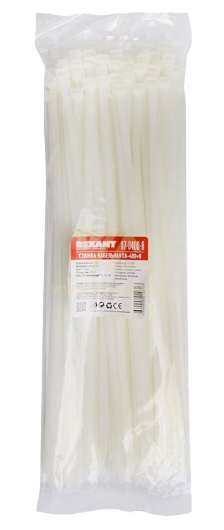 Хомут 400 мм x 7.6 мм Rexant, белый, 100 шт