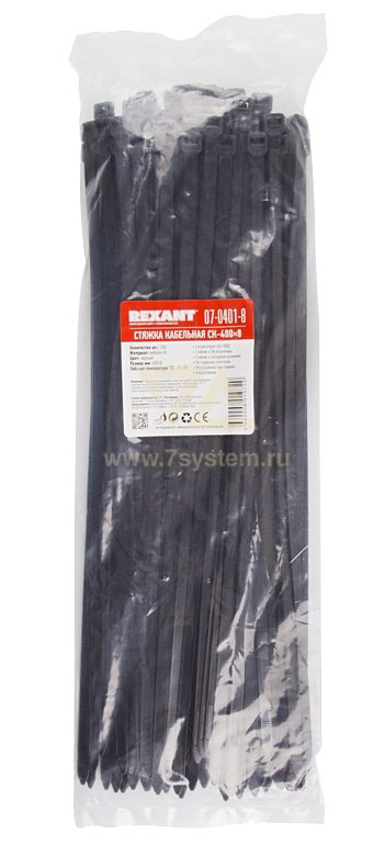 Хомут 400 мм x 7.6 мм Rexant, черный, 100 шт