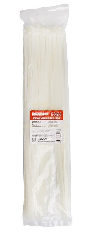 Хомут 450 мм x 4, 8 мм Rexant, белый, 100 шт