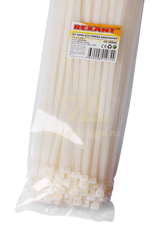 Хомут 450 мм x 7, 6 мм Rexant, белый, 100 шт