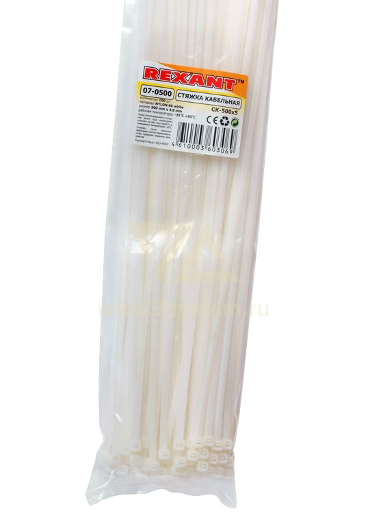 Хомут 500 мм x 4, 8 мм Rexant, белый, 100 шт
