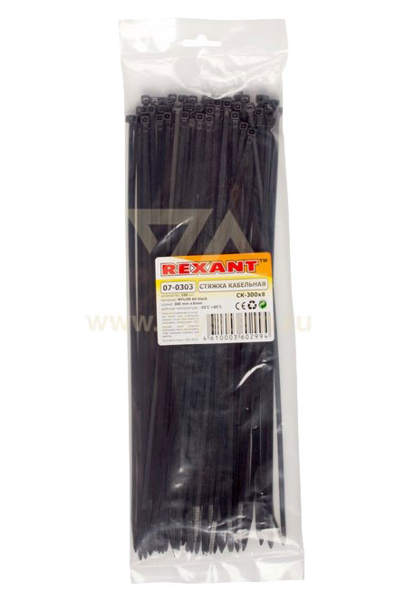 Хомут широкий 300 мм x 7, 6 мм Rexant, черный, 100 шт