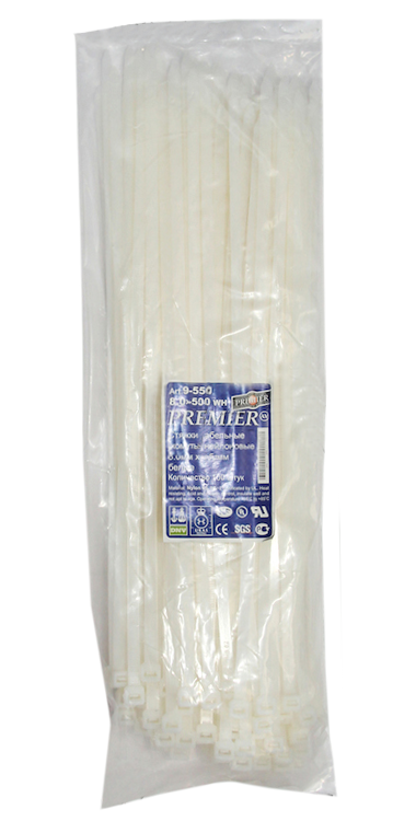 Хомут 500 мм x 8 мм Premier, белый, 100 шт