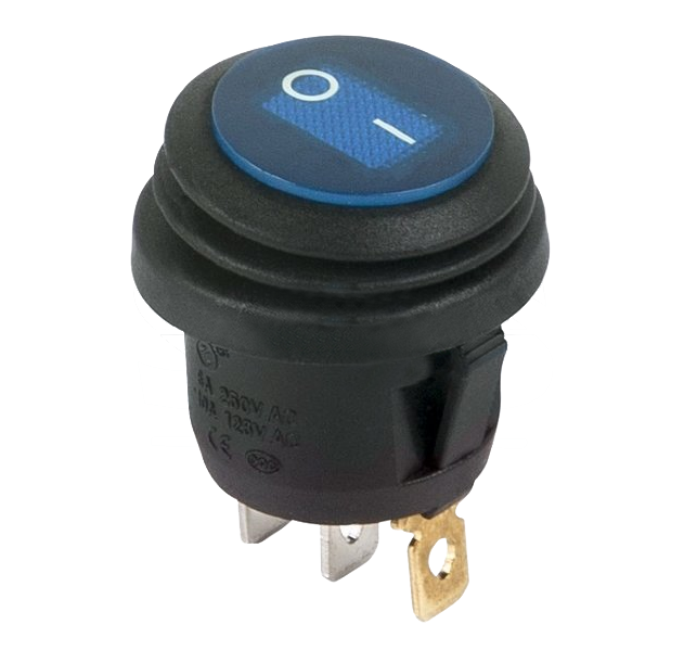 Выключатель клавишный синий круглый с подсветкой и влагозащитой 250V 6А (3с) On-Off