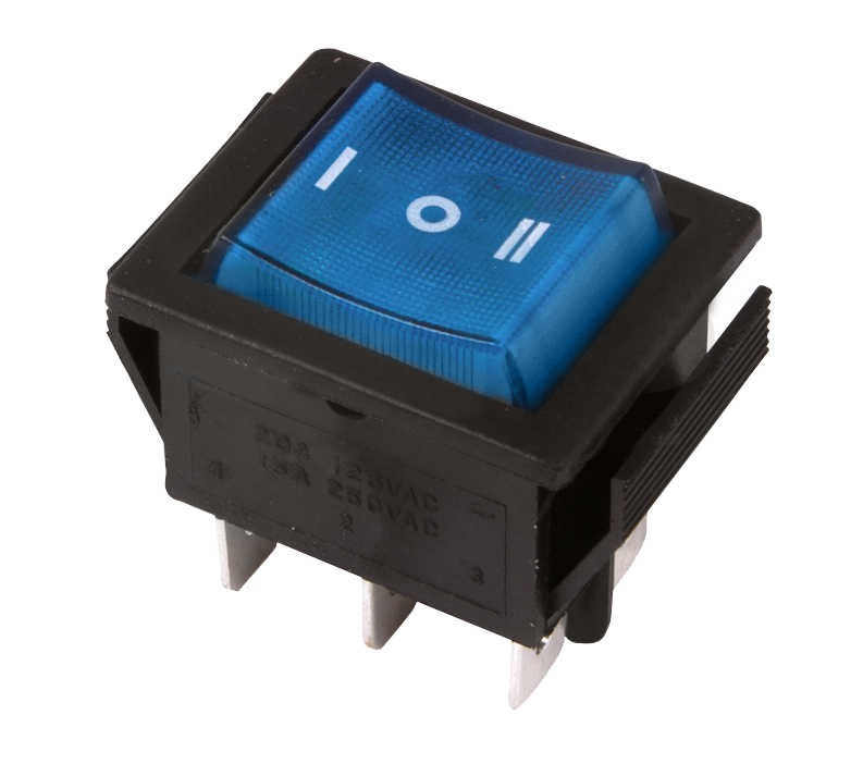 Выключатель клавишный синий с подсветкой и нейтралью 250V 15A (6c) On-Off-On (RWB-509, SC-767)