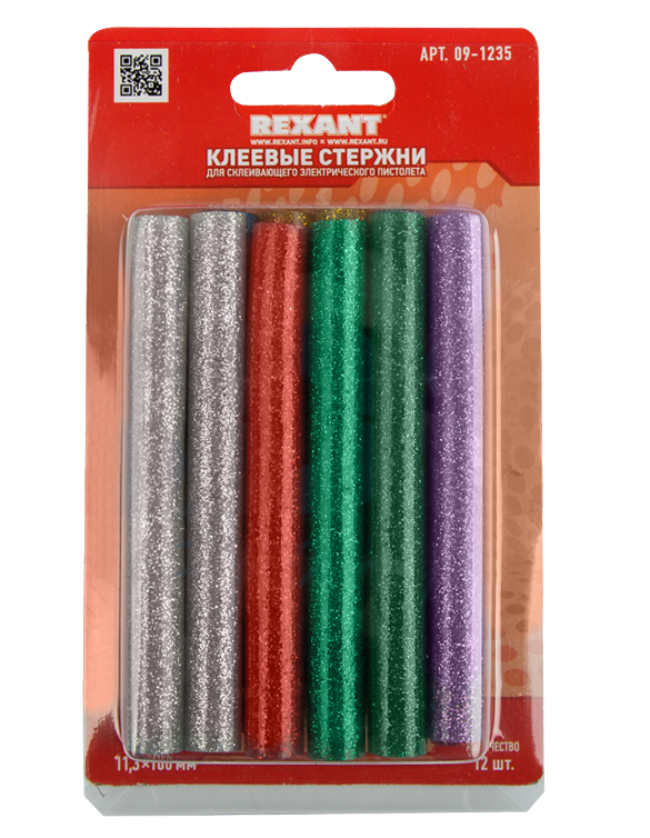 Термоклей d=11.3 мм, L=100 мм Rexant, цветной с блестками, 12 шт/упак