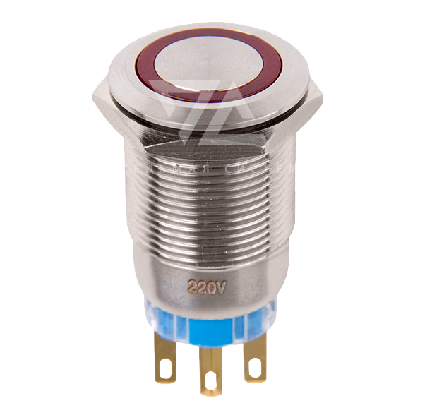 Выключатель-кнопка антивандальная d=19 12V 5А (5с) ON-OFF/OFF-ON, с фиксацией, подсветка зеленая