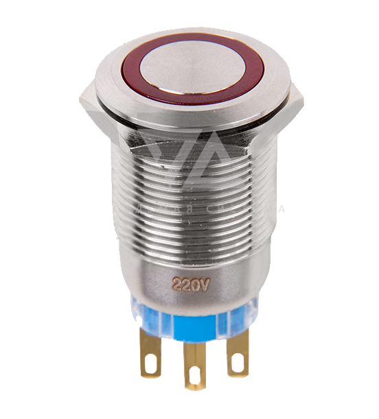Выключатель-кнопка антивандальная d=19 250V 5А (5с) ON-OFF/OFF-ON, с фиксацией, подсветка красная
