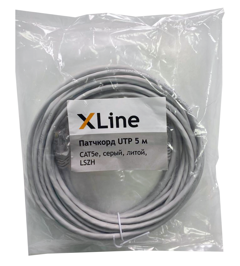 Патчкорд UTP 5 м X-Line, CAT5е, серый, литой, LSZH