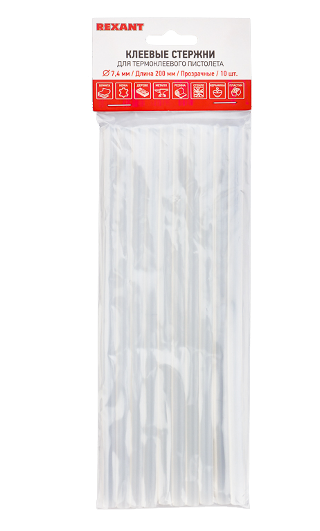 Термоклей малый d=7.4 мм, L=200 мм Rexant, прозрачный, 10 шт/упак