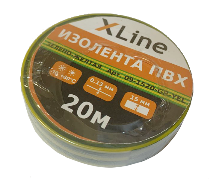 Изолента ПВХ 15 мм x 20 м X-Line, зелено-желтая