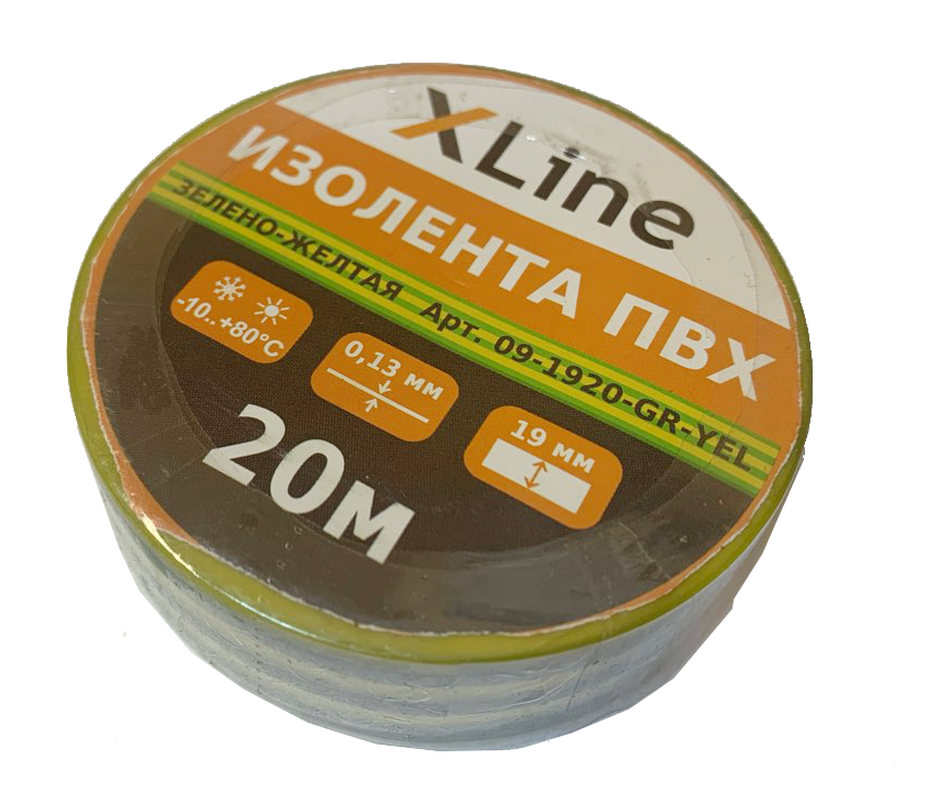 Изолента ПВХ 19 мм x 20 м X-Line, зелено-желтая