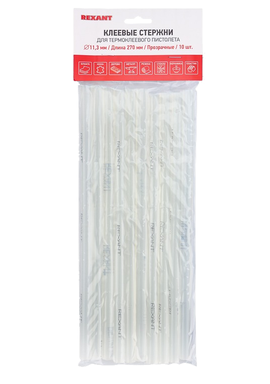 Термоклей d=11 мм, L=270 мм Rexant, прозрачный, 10 шт/упак