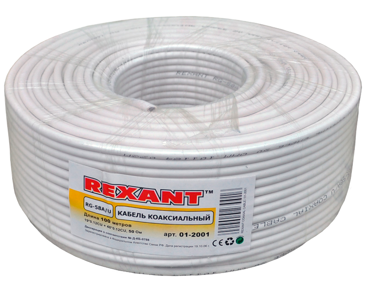 Кабель RG-58A/U Rexant, 50 Ом, белый, 100 м
