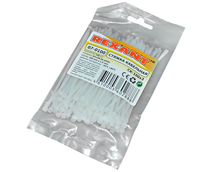 Хомут 100 мм x 2, 5 мм Rexant, белый, 100 шт