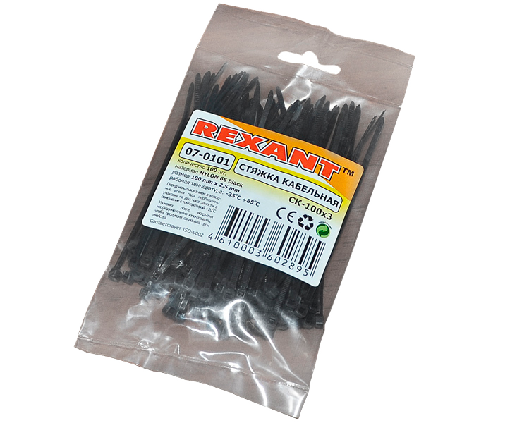Хомут 100 мм x 2.5 мм Rexant, черный, 100 шт