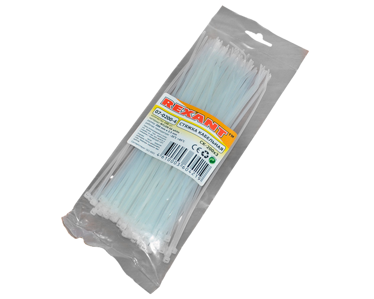 Хомут 200 мм x 2, 5 мм Rexant, белый, 100 шт