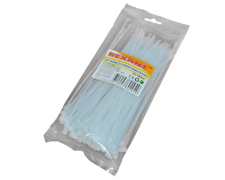 Хомут 200 мм x 3.6 мм Rexant, белый, 100 шт