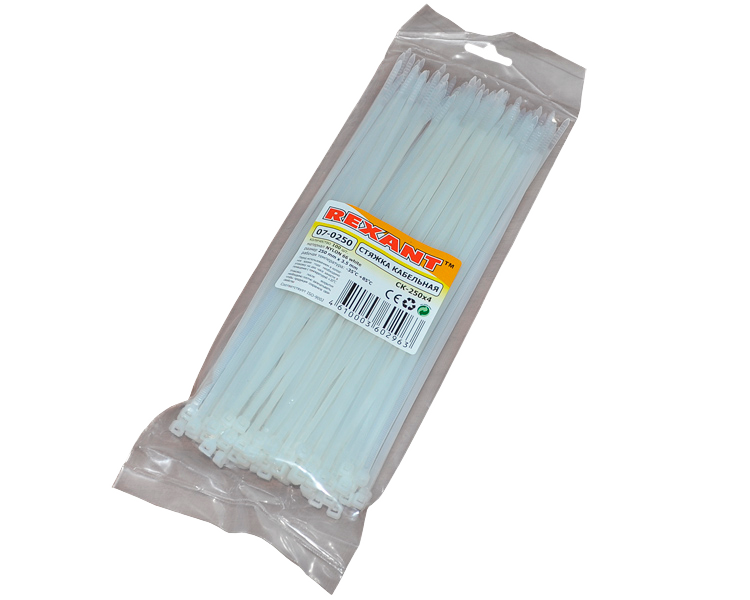 Хомут 250 мм x 3.6 мм Rexant, белый, 100 шт