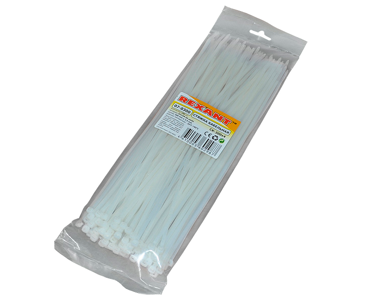 Хомут 300 мм x 3.6 мм Rexant, белый, 100 шт