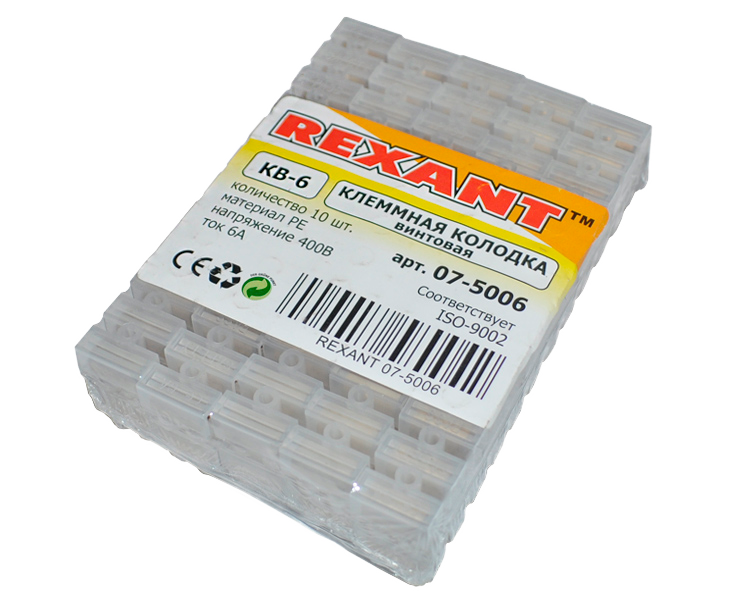Колодка клеммная винтовая КВ-6 Rexant, 6 мм2, линейка 12 шт, 6 А