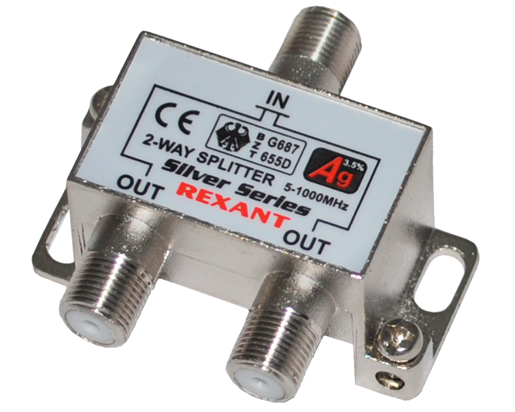 Делитель на 2 в упаковке 2-WAY Splitter Silver (+ 3 F-разъема) Rexant