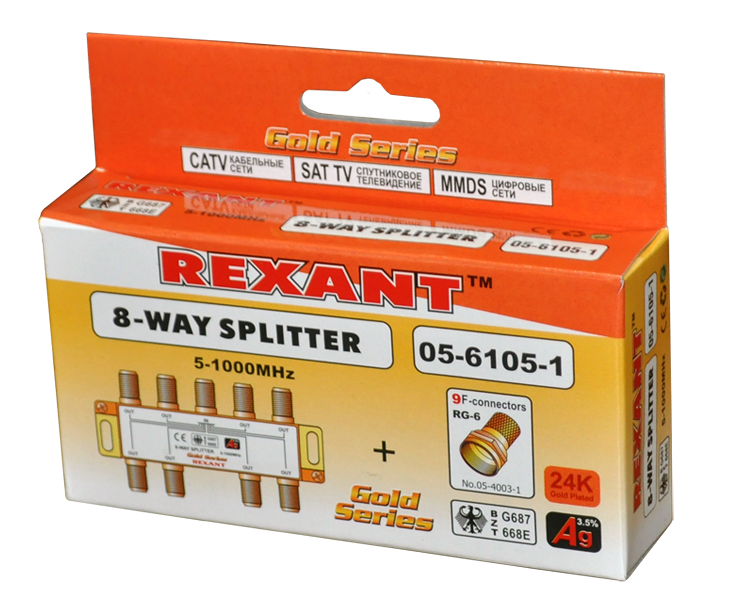 Делитель на 8 в упаковке 8-WAY Splitter Gold (+ 9 F-разъемов) Rexant