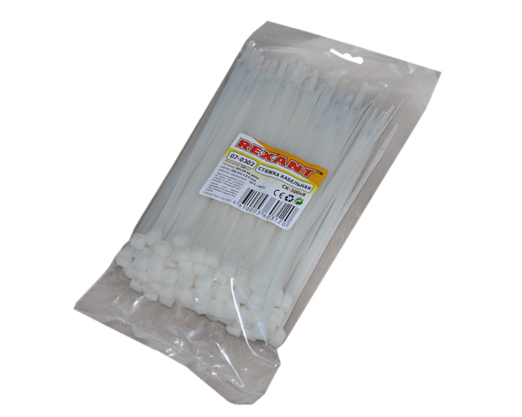 Хомут широкий 300 мм x 7, 6 мм Rexant, белый, 100 шт