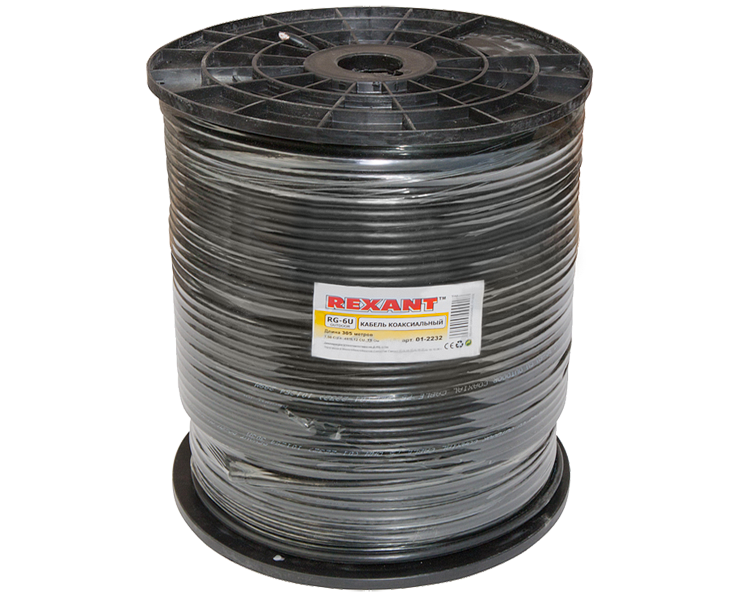 Кабель RG-6U Cu 64 Rexant, полиэтилен, черный, 305 м