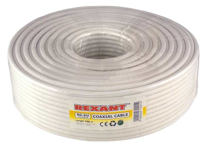 Кабель RG-6U Cu 64 Rexant, белый, 100 м
