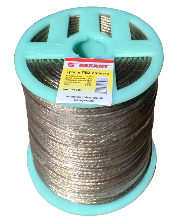 Трос стальной 3.5 мм Rexant, в ПВХ изоляции, катушка 200 м